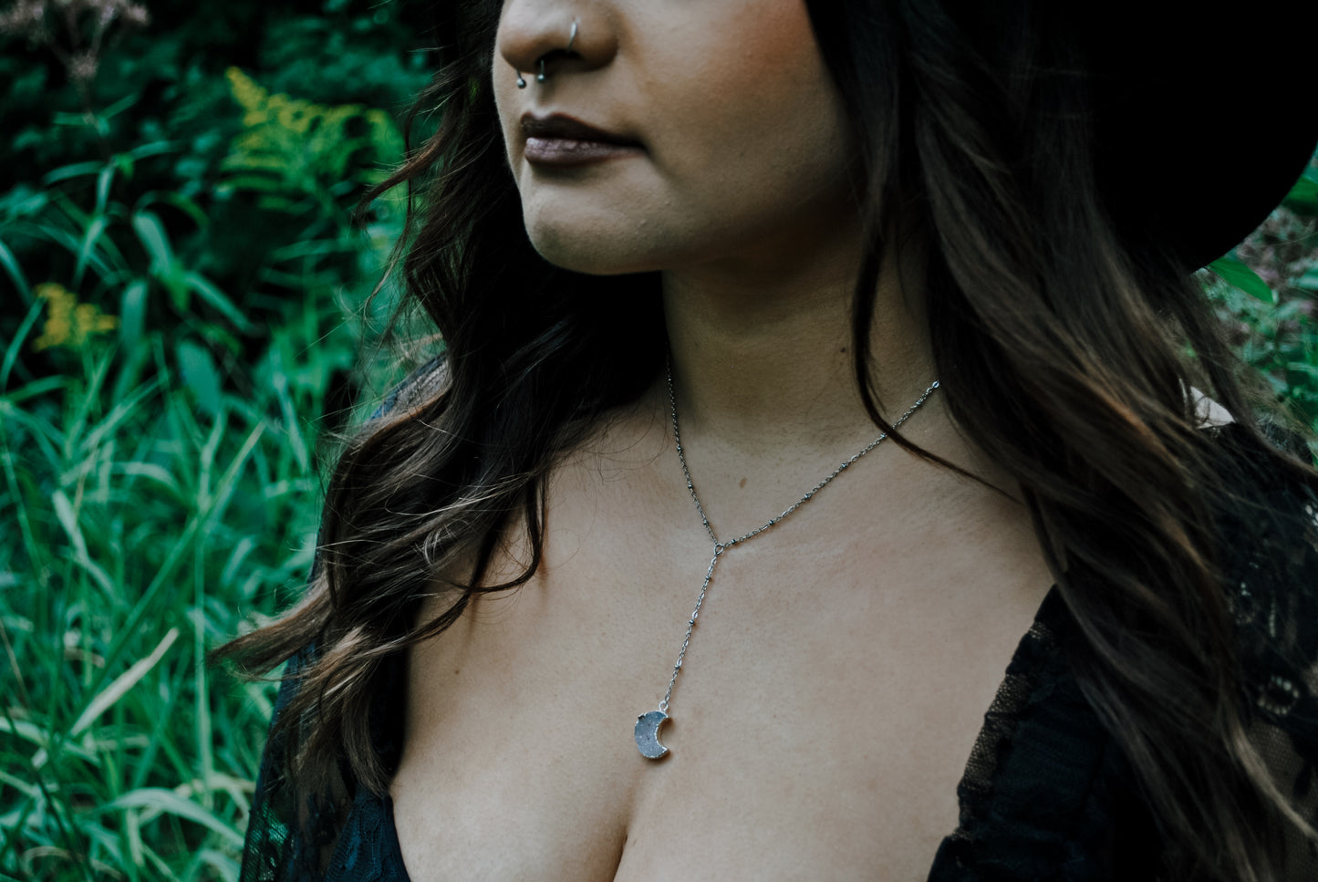 Crescent Moon Druzy | Lariat Necklace