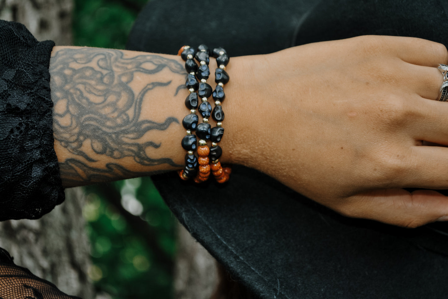 BLACK | Spooky Scary Skeletons Gemstone Bracelet