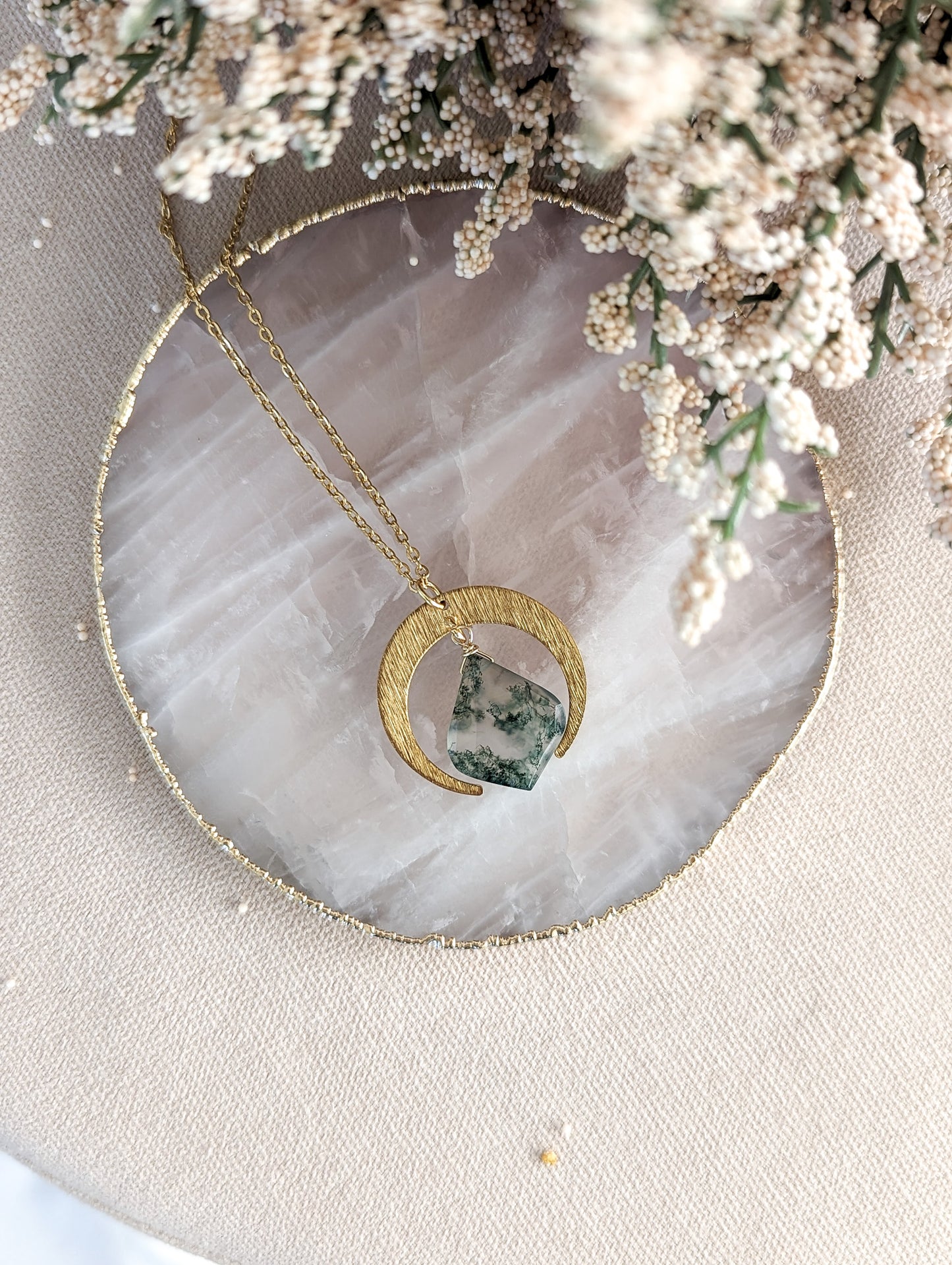 Moss Agate Moon Necklace | Holiday Collection