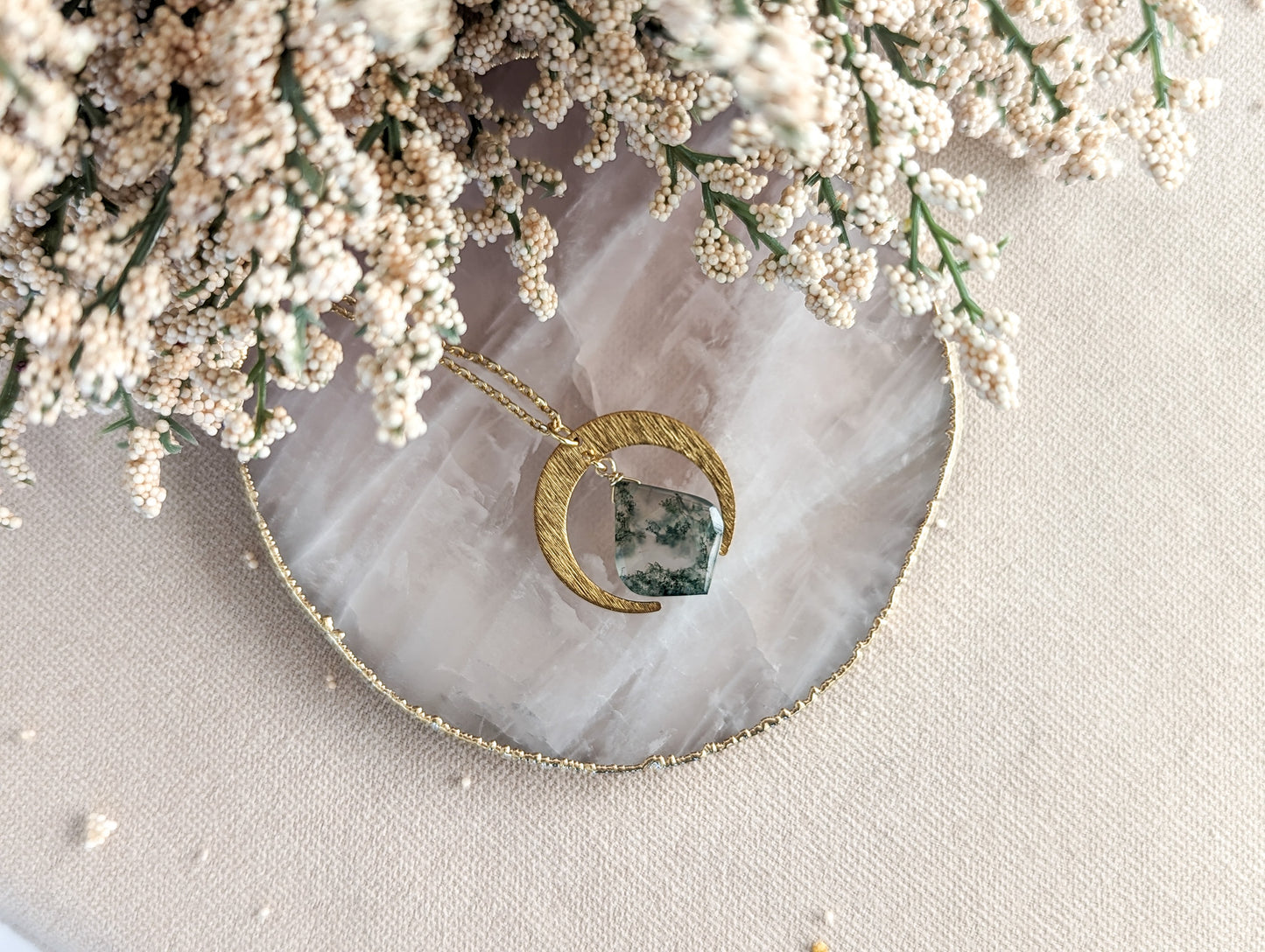Moss Agate Moon Necklace | Holiday Collection