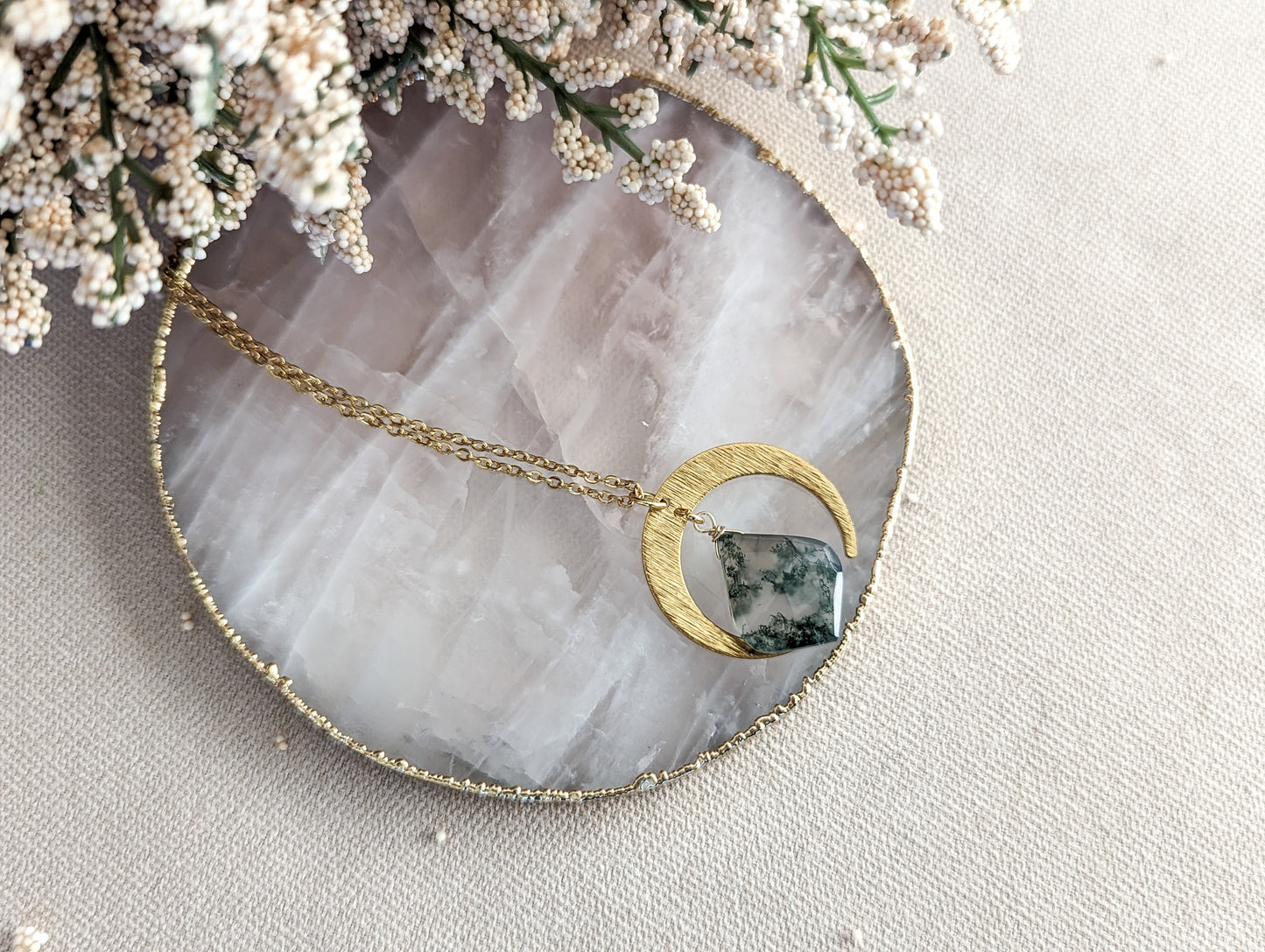 Moss Agate Moon Necklace | Holiday Collection