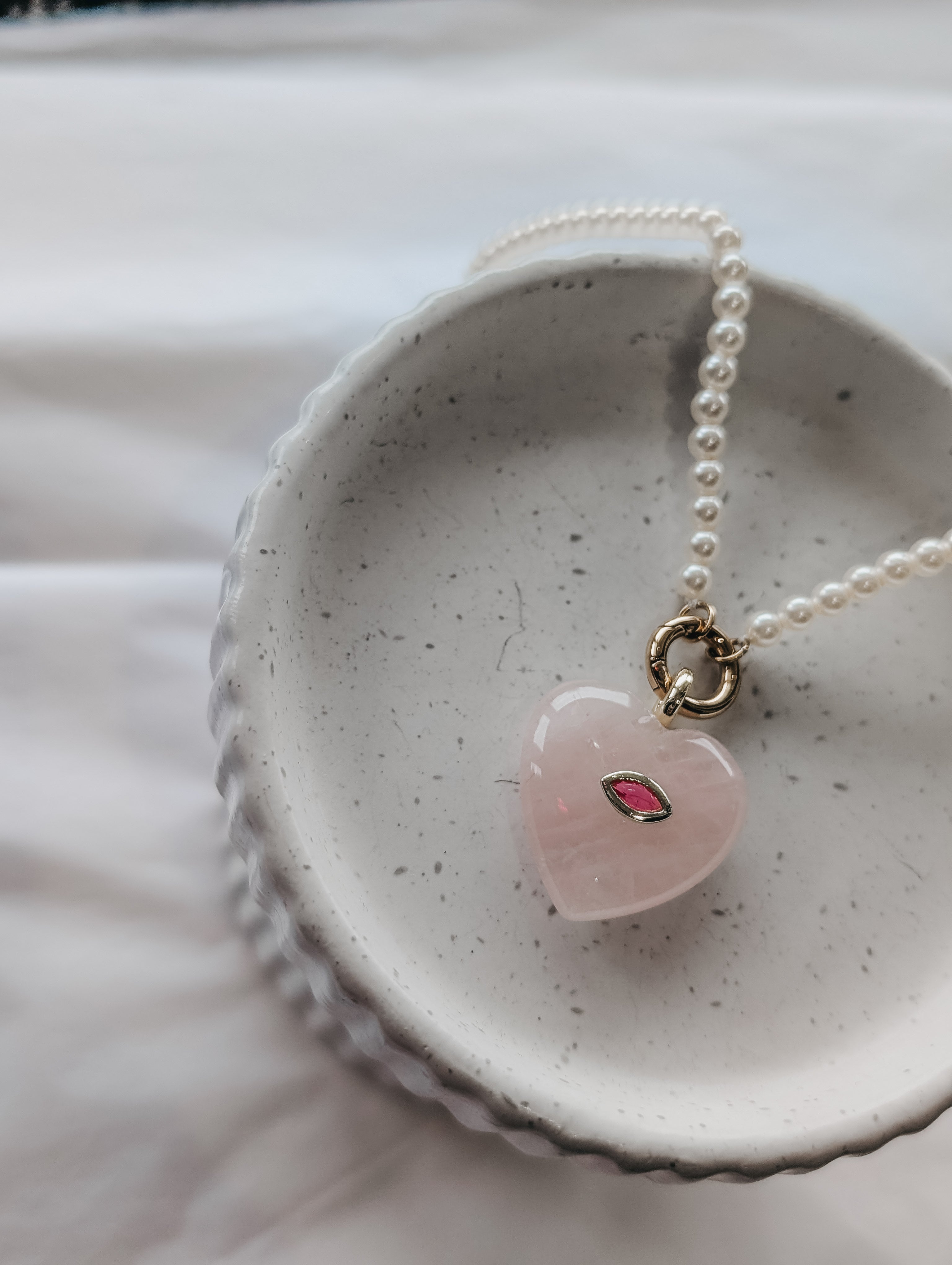 Rose Quartz Heart Necklace with Pearl Chain