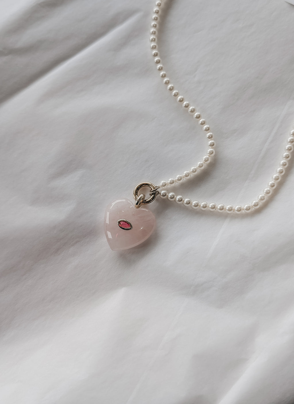 Rose Quartz Heart Necklace with Pearl Chain