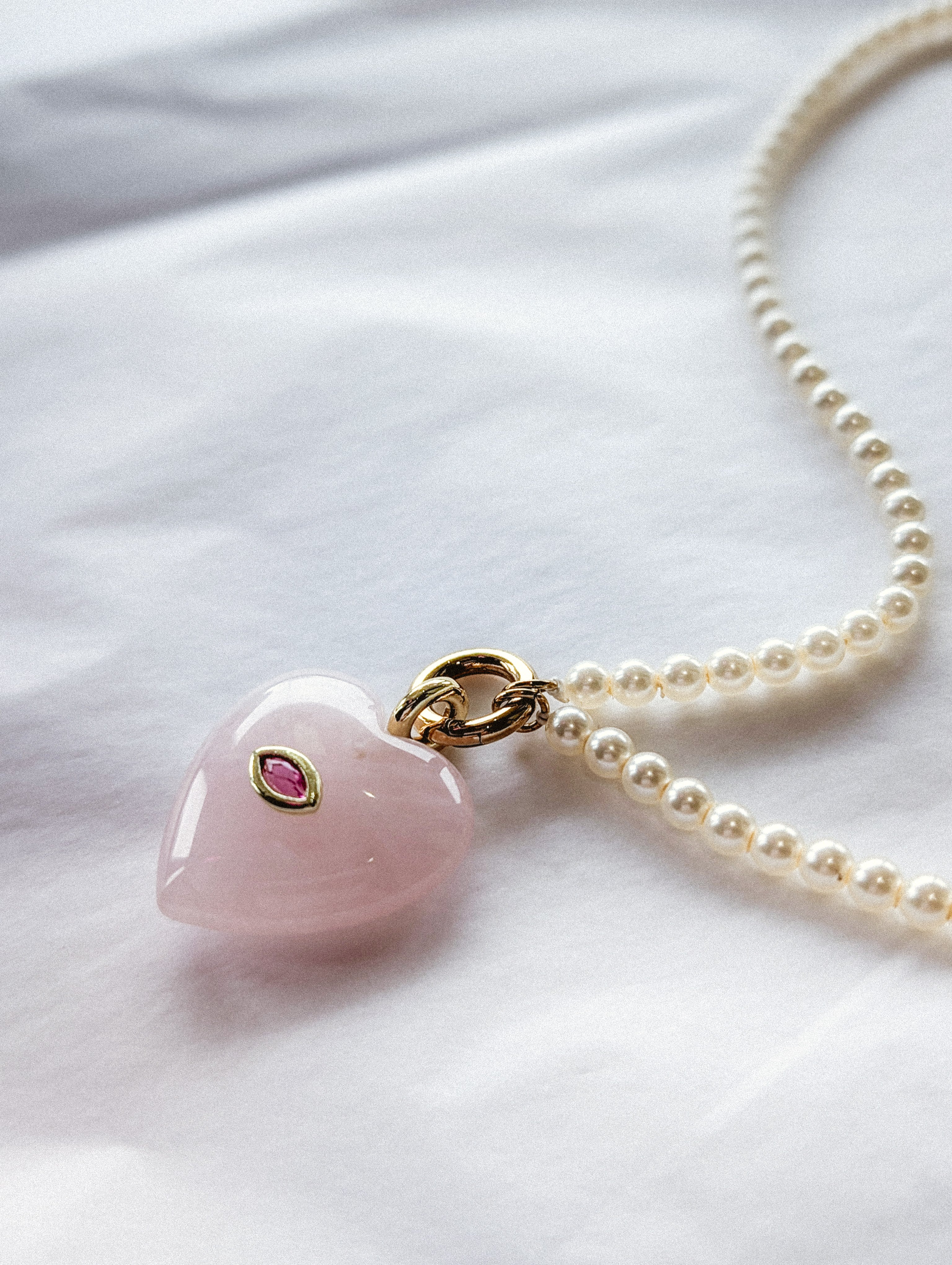 Rose Quartz Heart Necklace with Pearl Chain