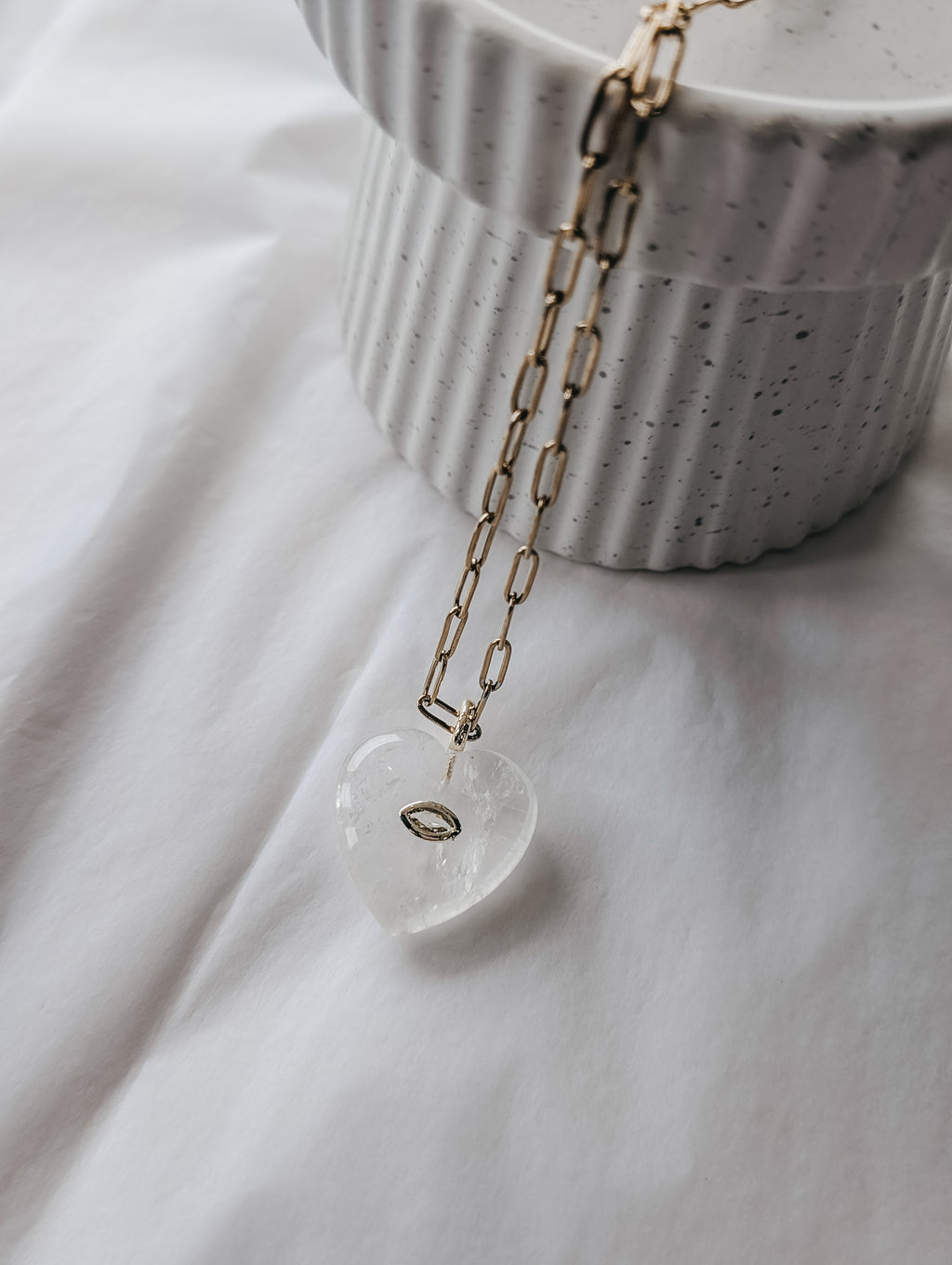 Clear Quartz Heart Necklace with Yellow CZ - Gold Stainless Steel