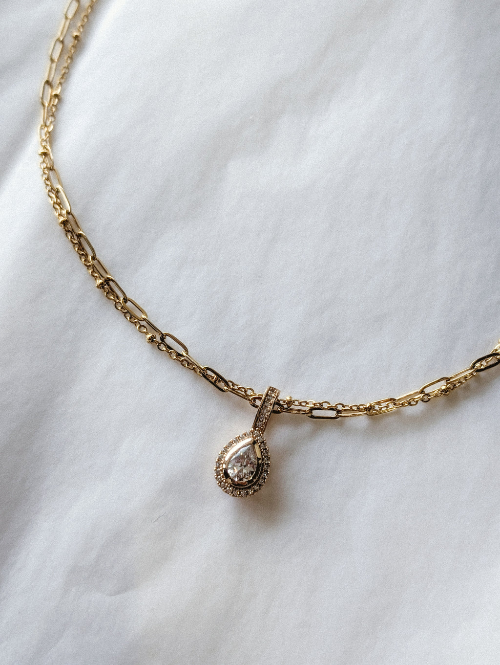 Clara Layered Necklace - Paperclip & Satellite Chain with CZ Pendant