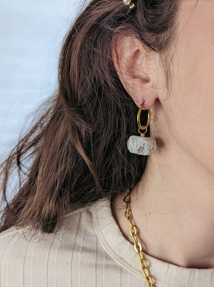 FLOWER AGATE |  HUGGIE HOOP EARRINGS